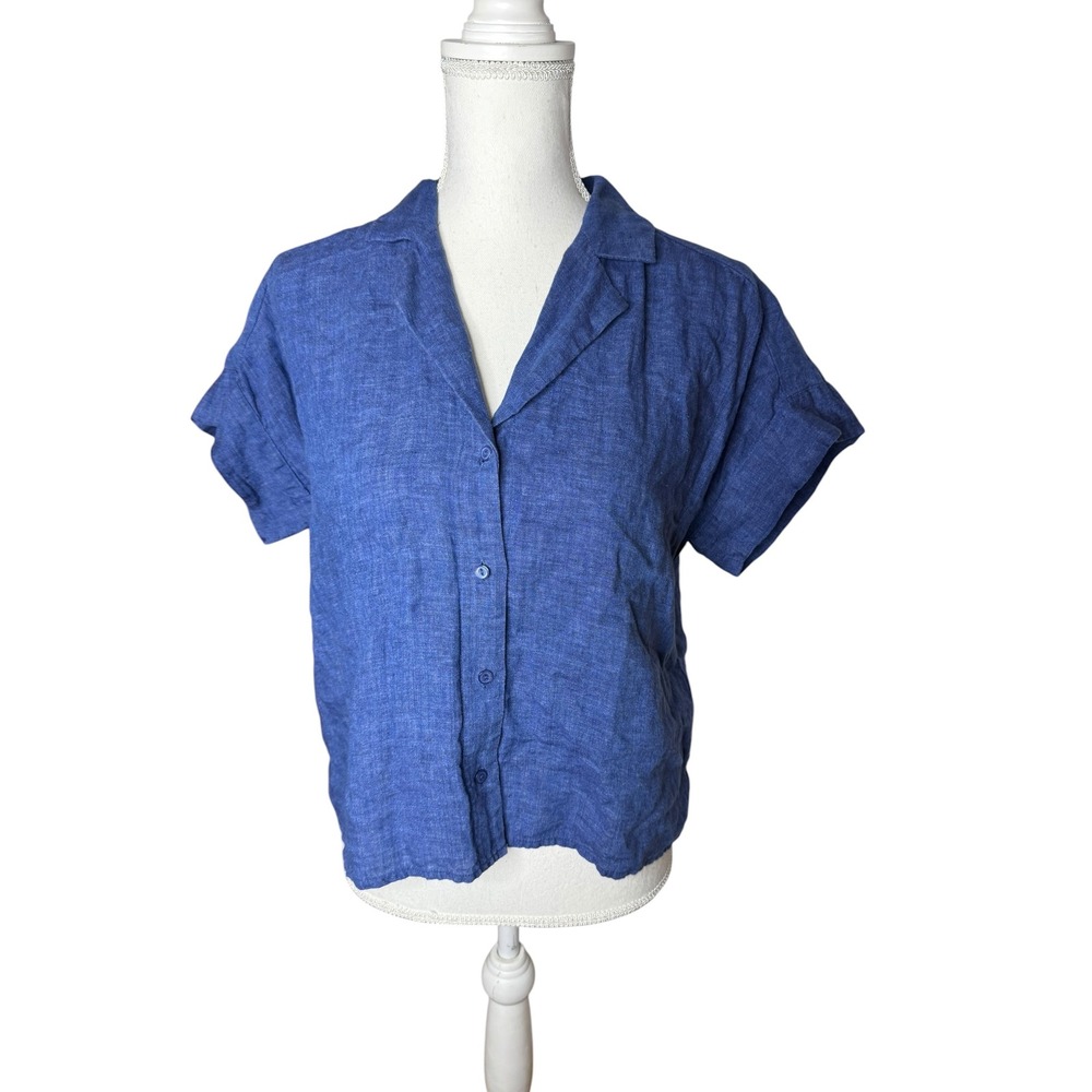 Eileen Fisher Boxy Delave Dyed Organic Linen Short Sleeve Button Down Blue Small